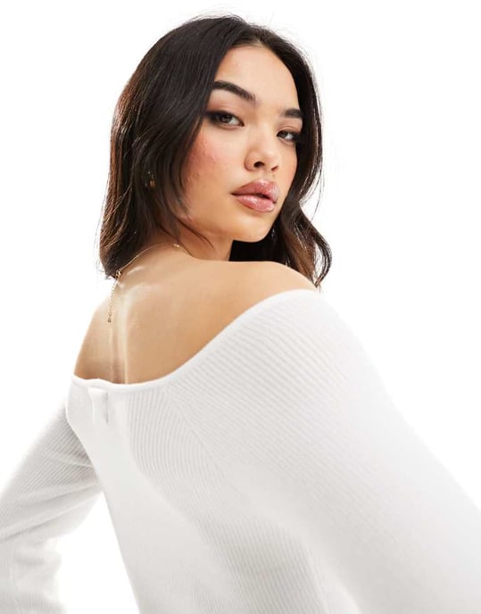 ASOS DESIGN knitted off shoulder bardot top in white - Image 3