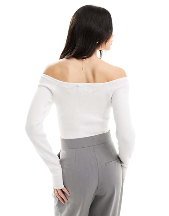 ASOS DESIGN knitted off shoulder bardot top in white - Image 4