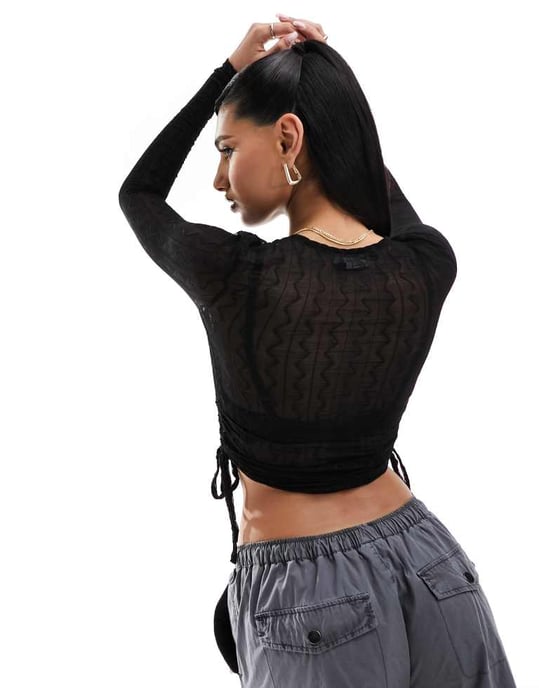 ASOS DESIGN sheer textured long sleeve ruched side top in black - Image 3