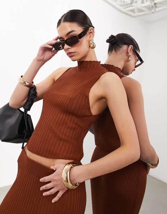 ASOS EDITION fine knit sheer sleeveless top co-ord in rust-Brown - Image 1
