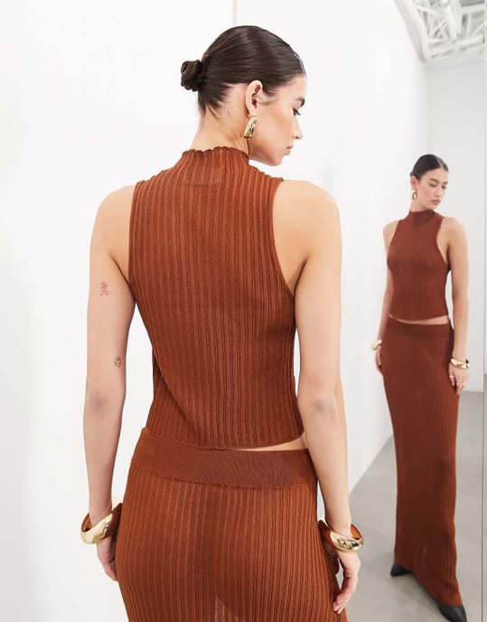 ASOS EDITION fine knit sheer sleeveless top co-ord in rust-Brown - Image 3