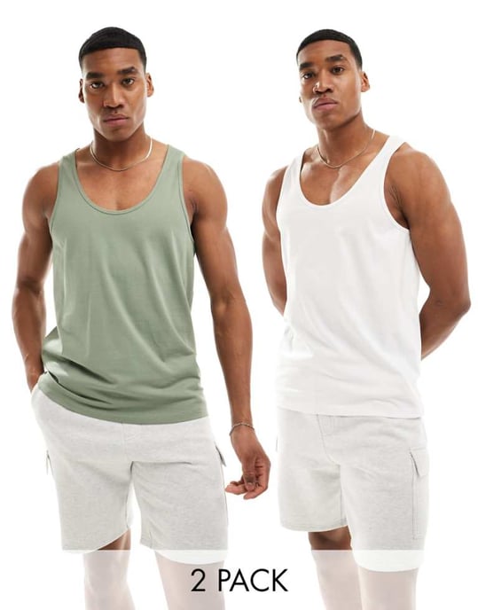ASOS DESIGN 2 pack vests in white and mid green-Multi - Image 1