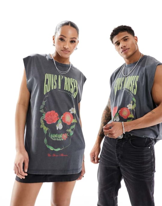 ASOS DESIGN unisex oversized license vest in washed black with Guns N Roses graphic prints - Image 1