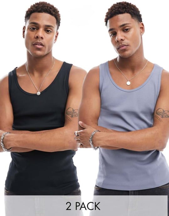 ASOS DESIGN 2 pack muscle fit rib vests in grey and black-Multi - Image 1