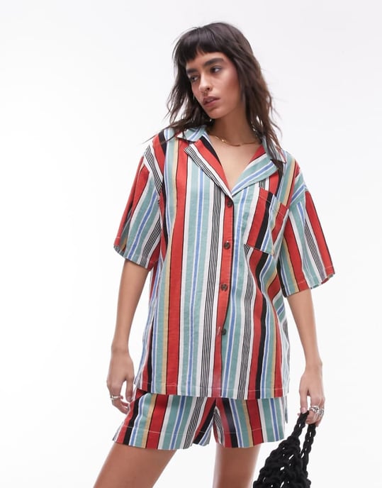 Topshop co ord stripe linen shirt in multi - Image 1