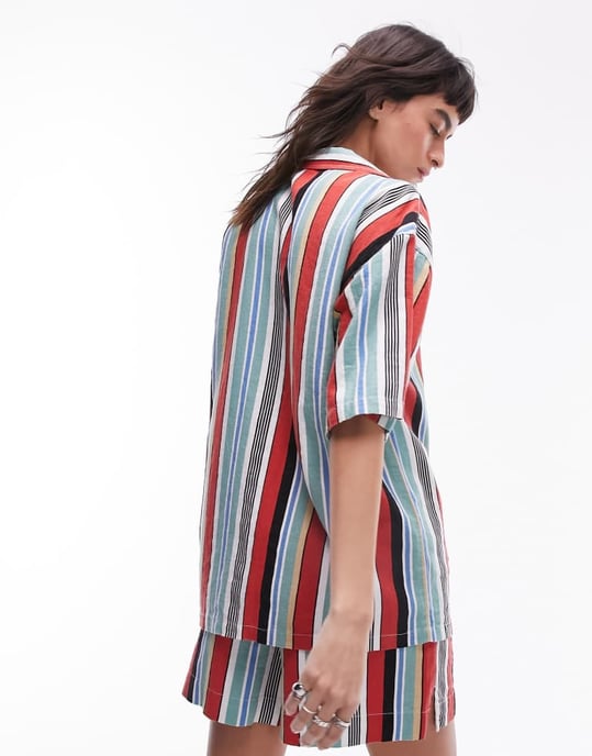 Topshop co ord stripe linen shirt in multi - Image 4