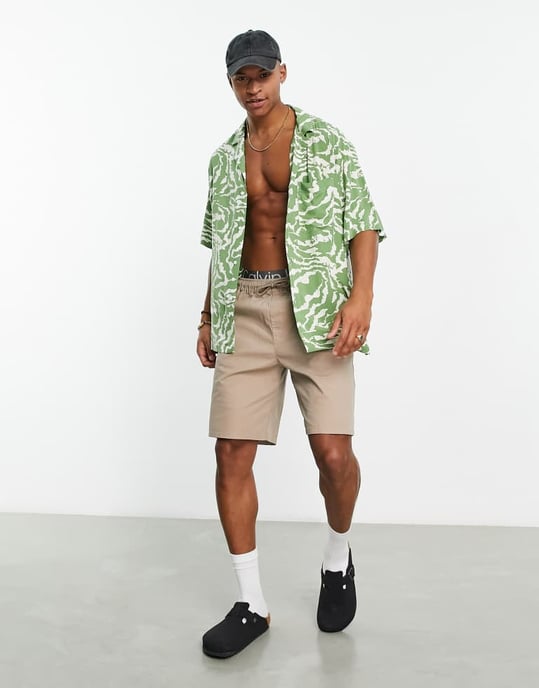 ASOS DESIGN boxy oversized revere longline bowling shirt in sage green zebra print - Image 4