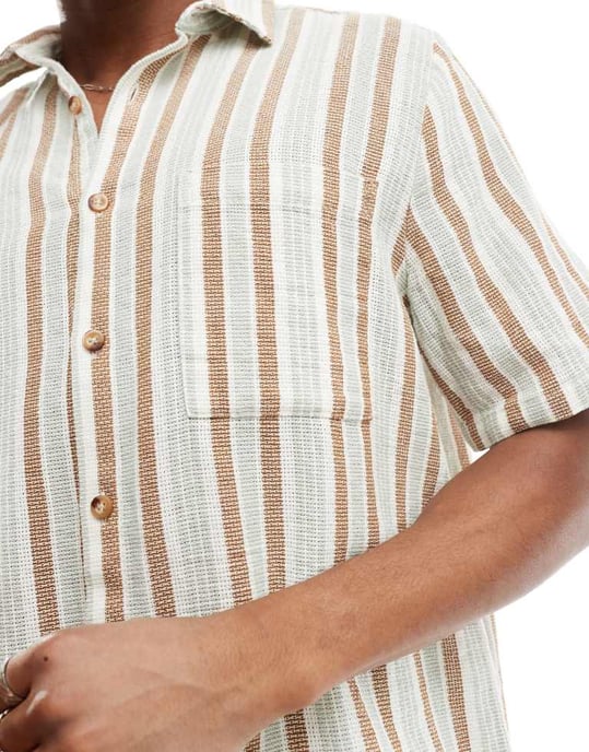 ASOS DESIGN relaxed shirt in brown and blue basket weave stripe - Image 2