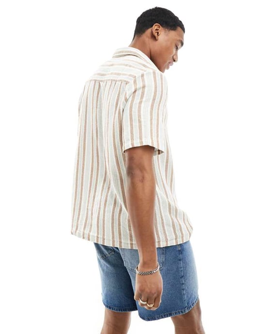 ASOS DESIGN relaxed shirt in brown and blue basket weave stripe - Image 3