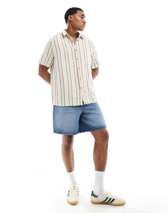 ASOS DESIGN relaxed shirt in brown and blue basket weave stripe - Image 4