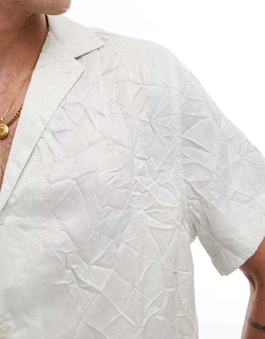 ASOS DESIGN short sleeve relaxed fit deep revere collar satin shirt in grey-Silver - Image 3