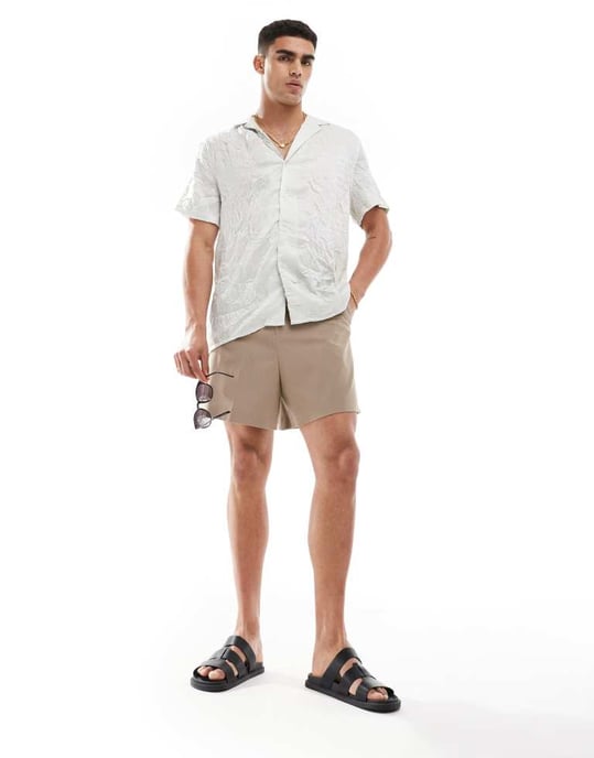 ASOS DESIGN short sleeve relaxed fit deep revere collar satin shirt in grey-Silver - Image 4