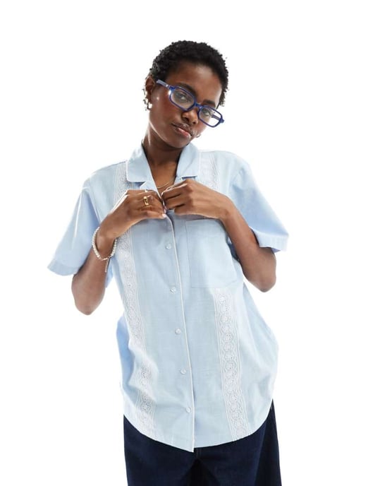 Reclaimed Vintage shirt with broderie detail in blue - Image 1