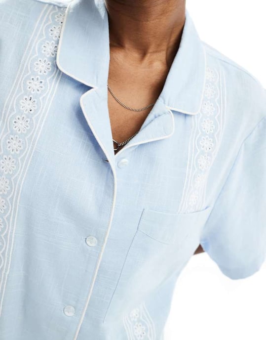 Reclaimed Vintage shirt with broderie detail in blue - Image 2