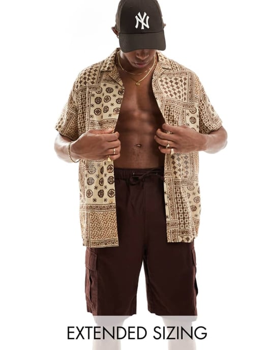 ASOS DESIGN relaxed revere shirt in neutral paisley print-Brown - Image 1