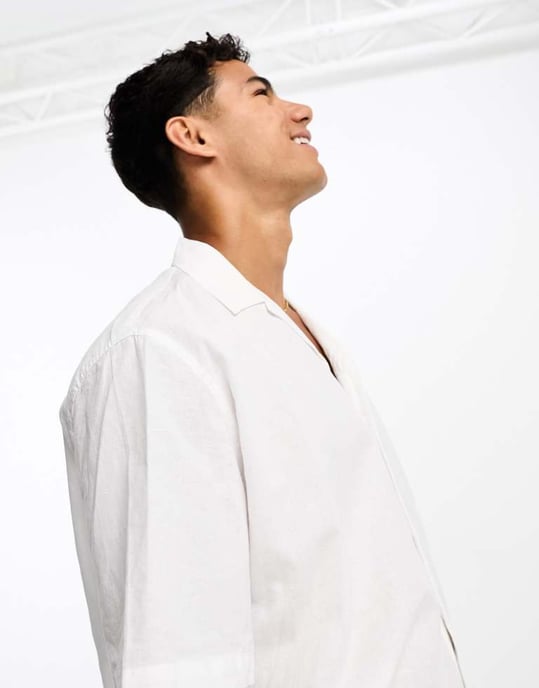 Selected Homme short sleeve revere collar linen shirt in white - Image 3