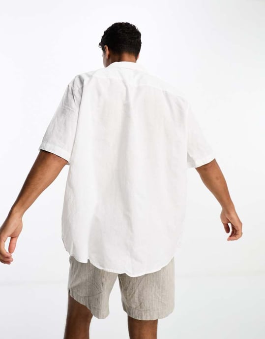 Selected Homme short sleeve revere collar linen shirt in white - Image 4