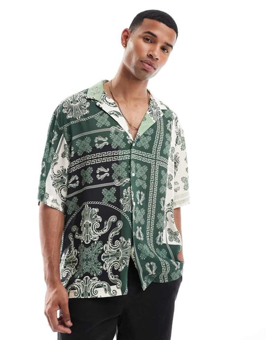 ASOS DESIGN oversized shirt in green paisley bandana print - Image 1