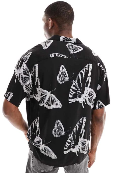 Jack & Jones oversized revere collar butterrfly shirt in black-White - Image 2