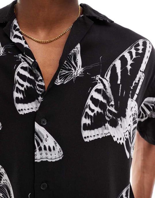 Jack & Jones oversized revere collar butterrfly shirt in black-White - Image 3