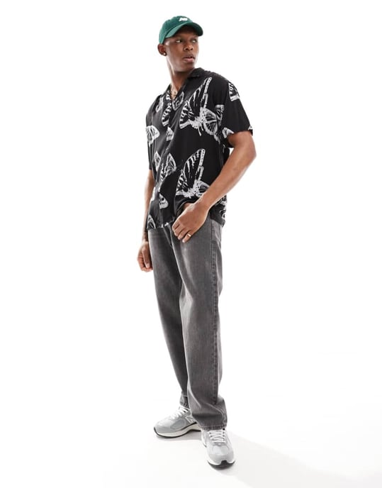 Jack & Jones oversized revere collar butterrfly shirt in black-White - Image 4
