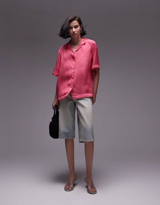 Topshop short sleeve satin co ord shirt in pink - Image 3