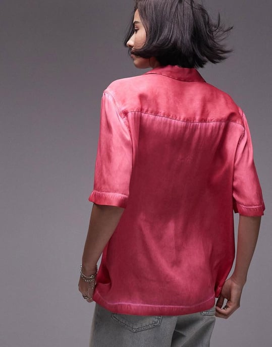 Topshop short sleeve satin co ord shirt in pink - Image 4