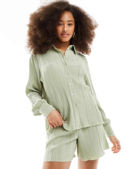Y.A.S plisse short co-ord in sage green - Image 4