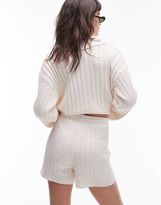 Topshop knitted co-ord rib shorts in cream-White - Image 3