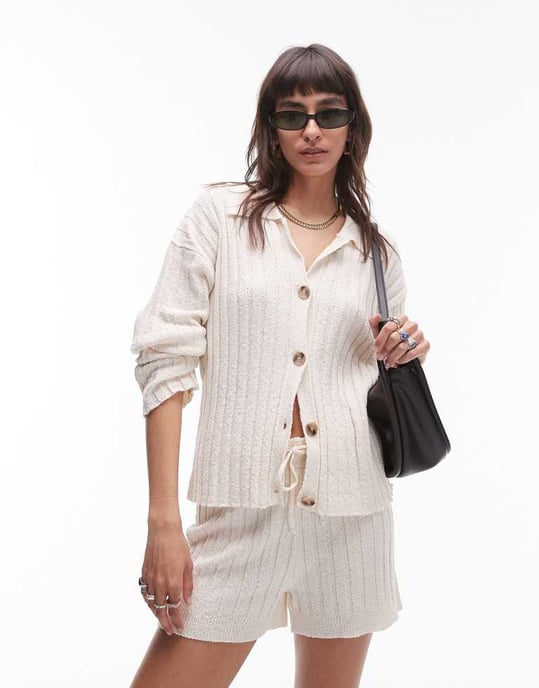 Topshop knitted co-ord rib shorts in cream-White - Image 4