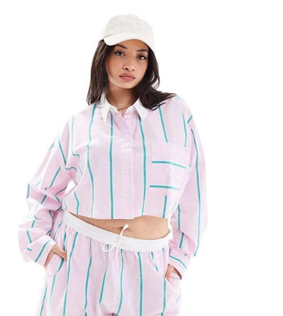 ASOS DESIGN Curve cropped shirt with contrast collar in pink stripe - Image 1
