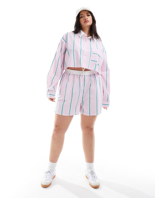ASOS DESIGN Curve cropped shirt with contrast collar in pink stripe - Image 3