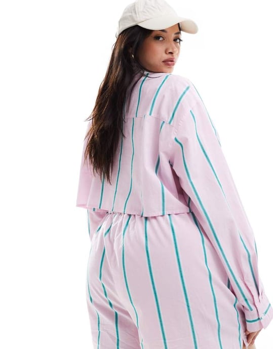 ASOS DESIGN Curve cropped shirt with contrast collar in pink stripe - Image 4