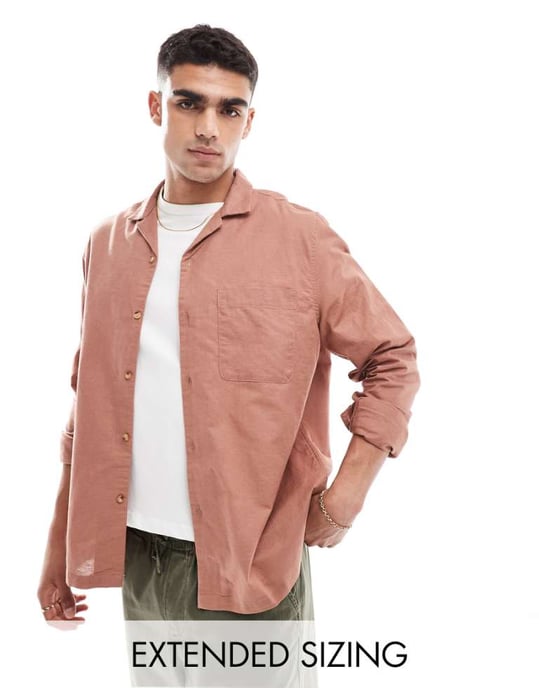 ASOS DESIGN relaxed linen blend shirt with revere collar in rust brown - Image 1