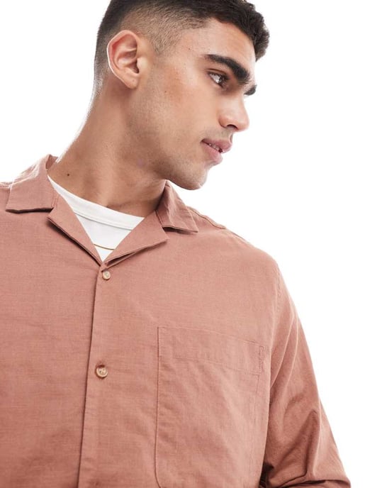 ASOS DESIGN relaxed linen blend shirt with revere collar in rust brown - Image 2