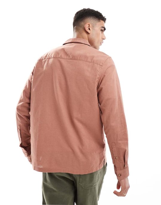 ASOS DESIGN relaxed linen blend shirt with revere collar in rust brown - Image 3