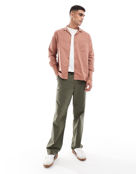 ASOS DESIGN relaxed linen blend shirt with revere collar in rust brown - Image 4