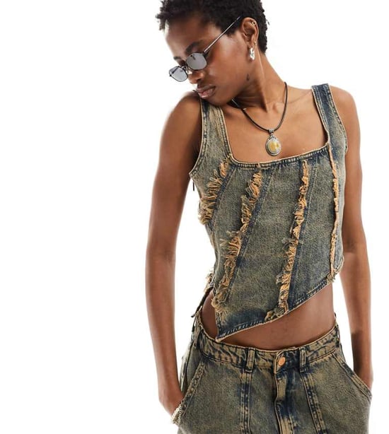 Reclaimed Vintage limited edition distressed denim corset top co ord-Brown - Image 1