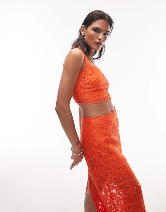 Topshop co-ord lace detail cropped top in orange-Brown - Image 1