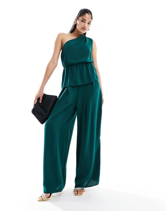 ASOS DESIGN one shoulder co-ord top with tie in dark green - Image 3