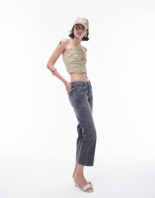 Topshop textured ruched cutout halter top in khaki-Green - Image 3
