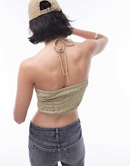 Topshop textured ruched cutout halter top in khaki-Green - Image 4