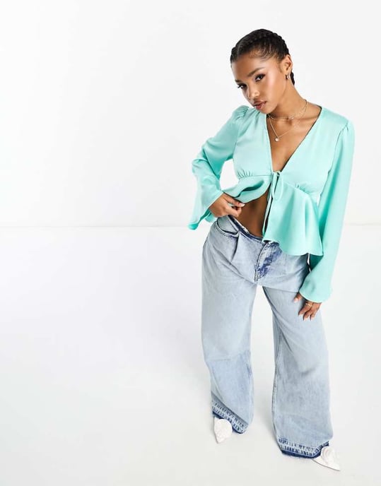 Pieces satin peplum tie front top in turquoise-Blue - Image 1