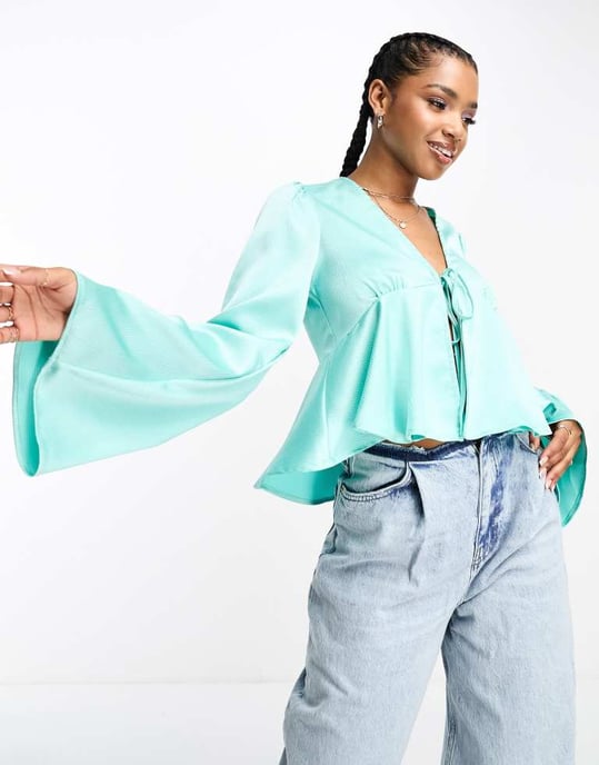 Pieces satin peplum tie front top in turquoise-Blue - Image 3