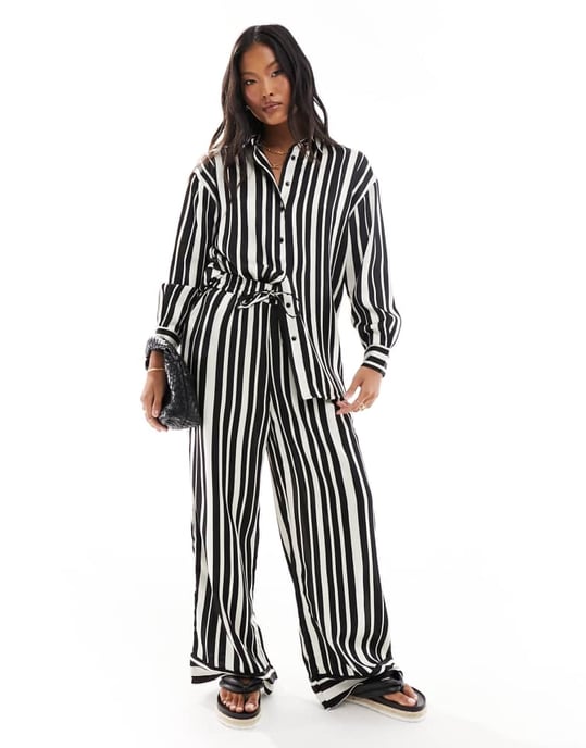 ONLY Petite oversized shirt co-ord in black and white stripe-Multi - Image 2
