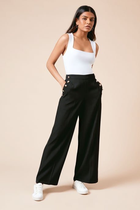 Petite Military Button Detail Wide Leg Trouser - Image 4