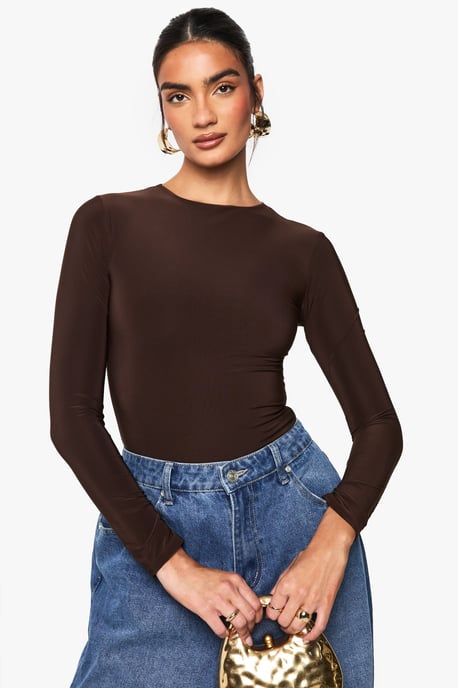 Double Layer Slinky Long Sleeve Crew Neck Bodysuit - Image 1
