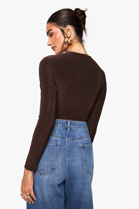 Double Layer Slinky Long Sleeve Crew Neck Bodysuit - Image 2