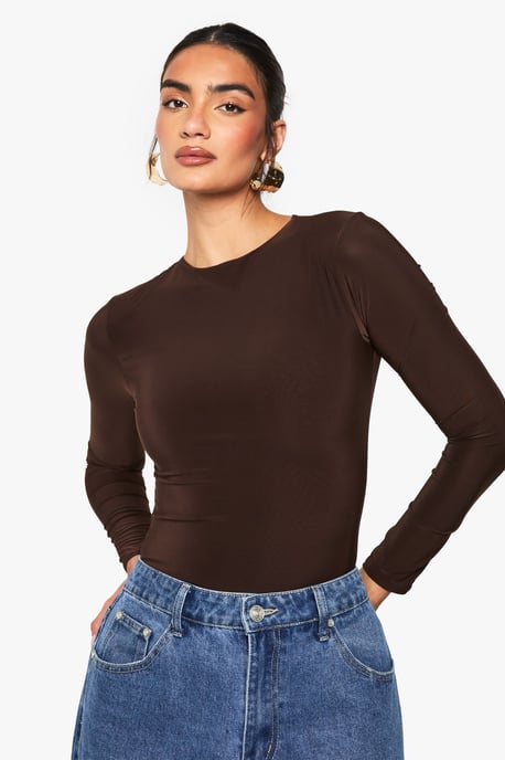 Double Layer Slinky Long Sleeve Crew Neck Bodysuit - Image 3