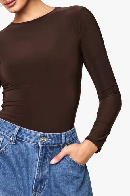 Double Layer Slinky Long Sleeve Crew Neck Bodysuit - Image 4